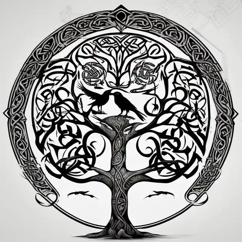 Irish shoulder tattoo, that is non-religious and has a Celtic tree and tribal ravens fishing tattoos